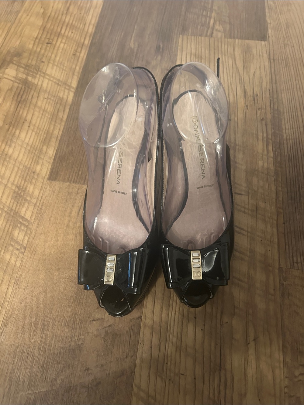 Vintage Donna Serena Black Patent Peep-Toe Bow Heels